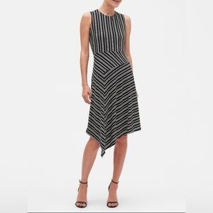 Banana Republic Black Striped Sleeveless Dress Asymmetrical Fit & Flare Midi